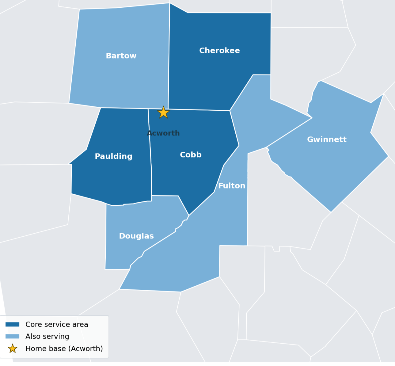 Service area and locations: Bartow, Cherokee, Cobb, Paulding, Fulton, Douglas, Gwinnett