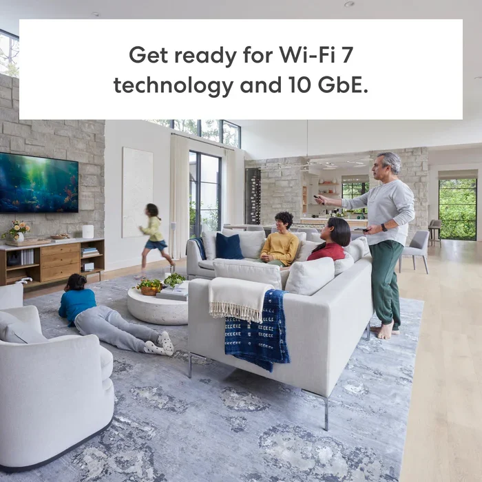 Living room with a family watching TV, children playing, and a banner promoting Wi-Fi 7 and 10 GbE technology.