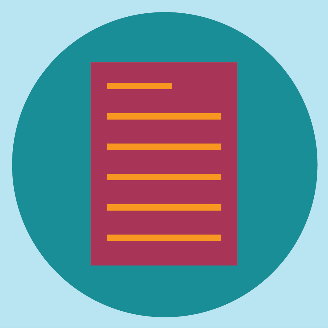 Digital illustration of a burgundy vertical list with yellow lines, enclosed in a teal circle, with a light blue background.