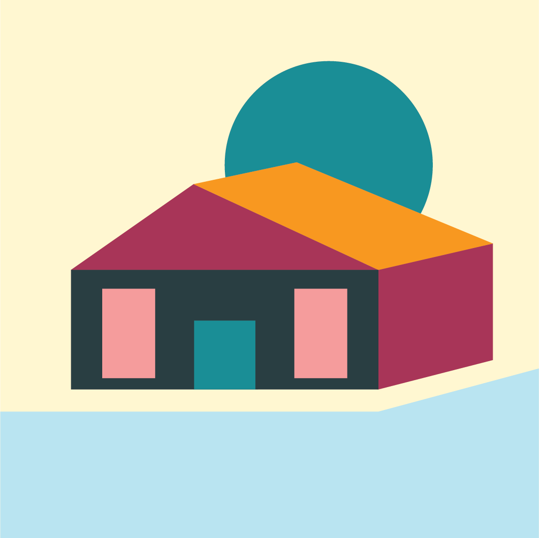 Digital illustration of a house with a dark gray base, pink windows, a maroon roof, and an orange extension, with a blue sun behind and a light blue foreground representing water.