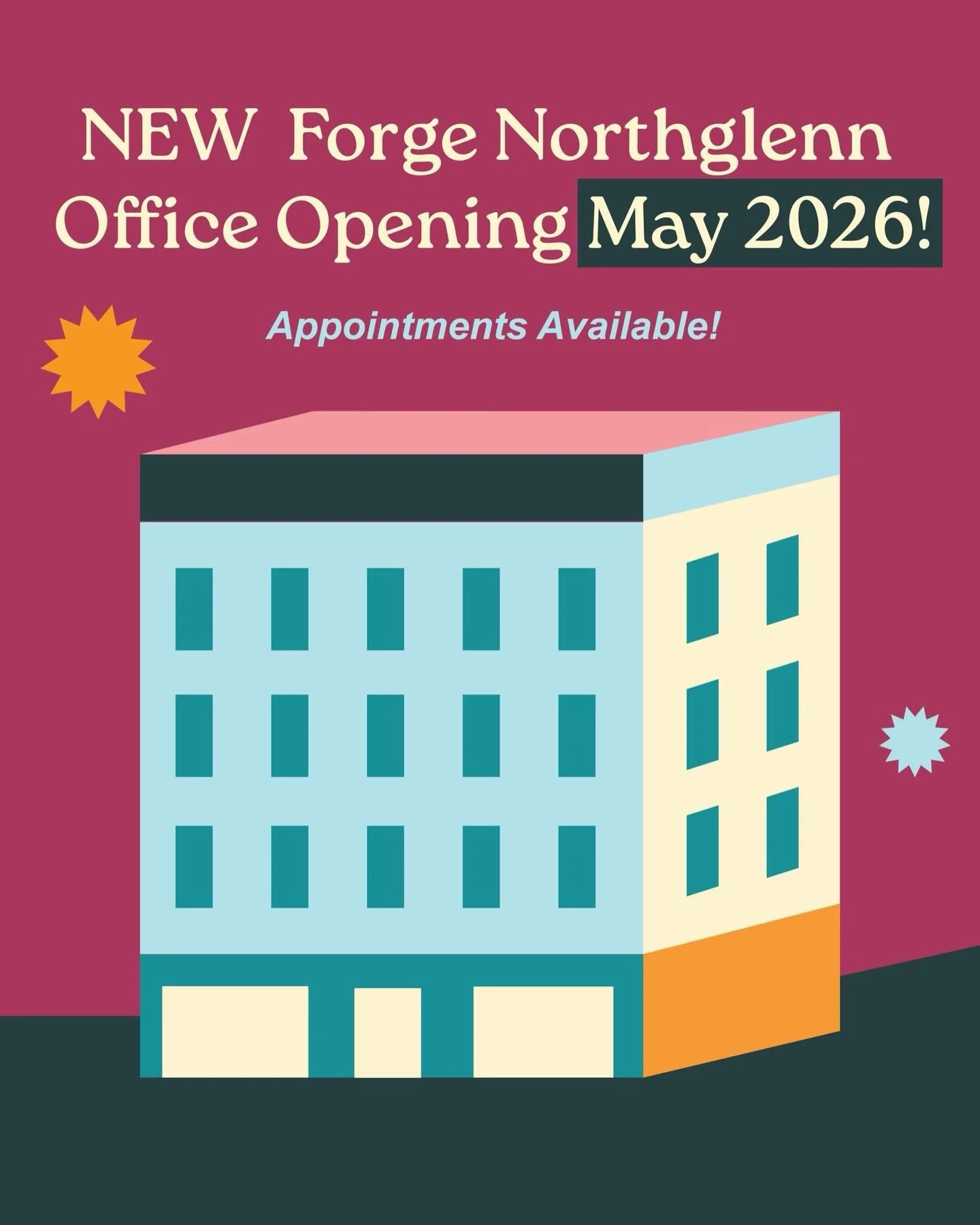 Big news for the Forge community! 🔥

Forge Counseling Collective is expanding. Our Northglenn office is opening May 2026!

We&rsquo;re excited to bring therapy services to even more individuals, couples, and families in the north metro Denver area. 