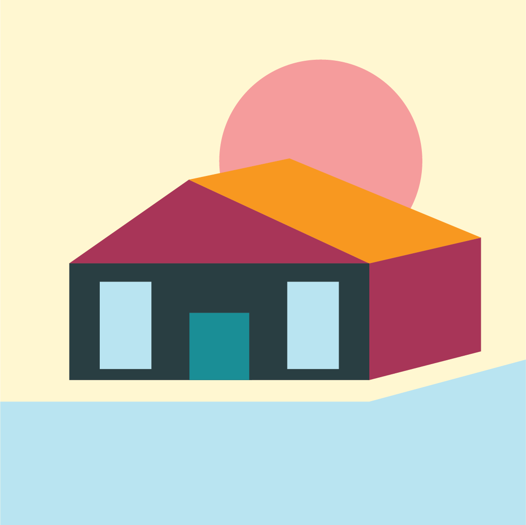 Abstract illustration of a house with a large pink sun in the background, featuring geometric shapes and pastel colors.