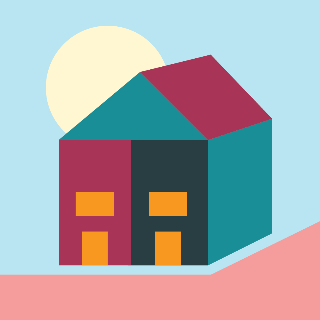 Illustration of colorful, geometric houses with a large yellow sun in the background on a pastel background.