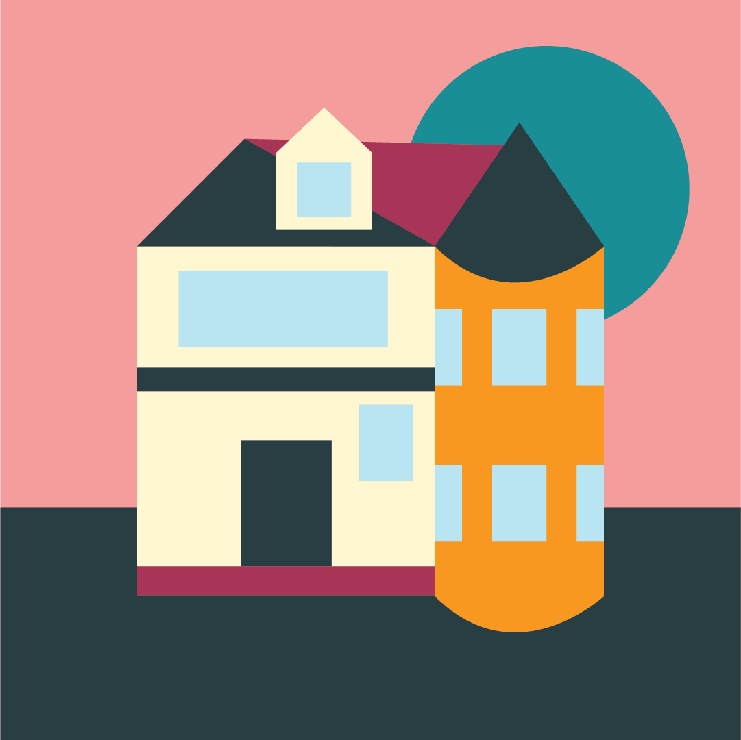 An abstract illustration of a Victorian house in front of a large teal circle against a pink sky with a dark ground.