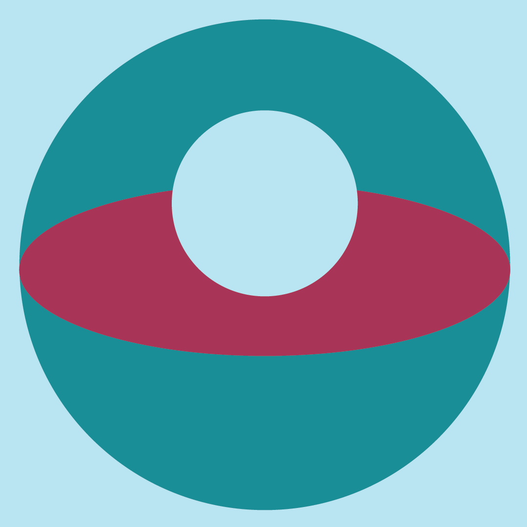 Abstract geometric design with a circle, a ring, and a central circle in shades of teal, blue, and maroon on a light blue background, representing mindfulness.