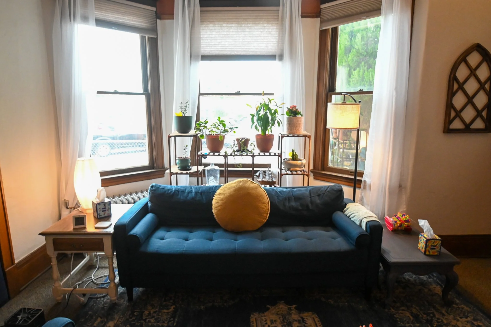 Living room with a black sofa, yellow pillow, side tables, a tall standing lamp, and large windows with white curtains. Several potted plants on a metal plant stand are placed by the windows.