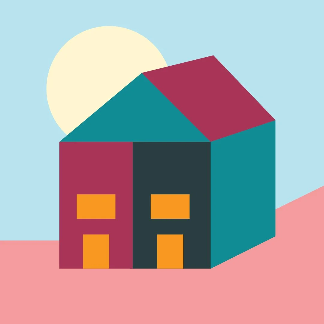 Illustration of colorful, geometric houses with a large yellow sun in the background on a pastel background.
