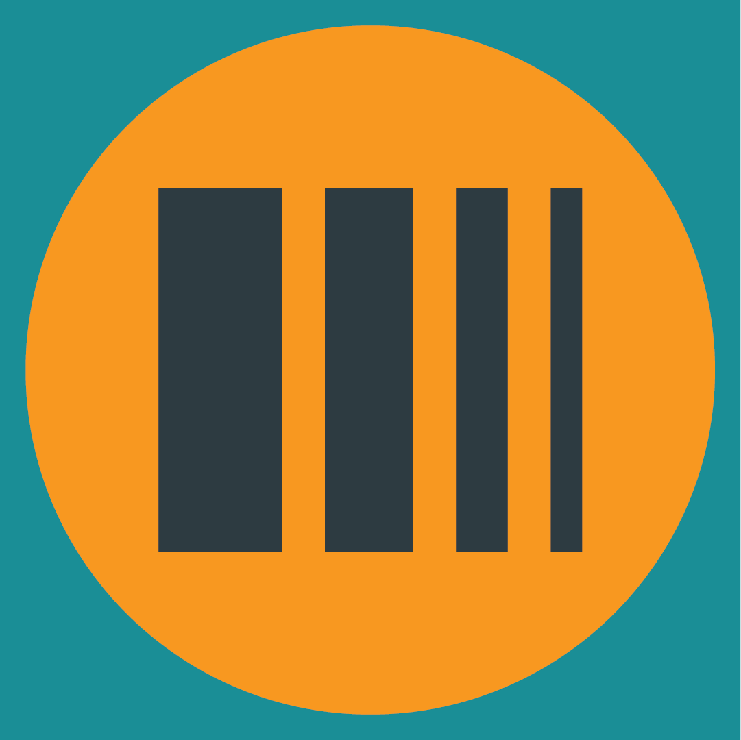 A circular logo with an orange background and black vertical lines resembling a barcode on a teal background, representing emotional regulation.