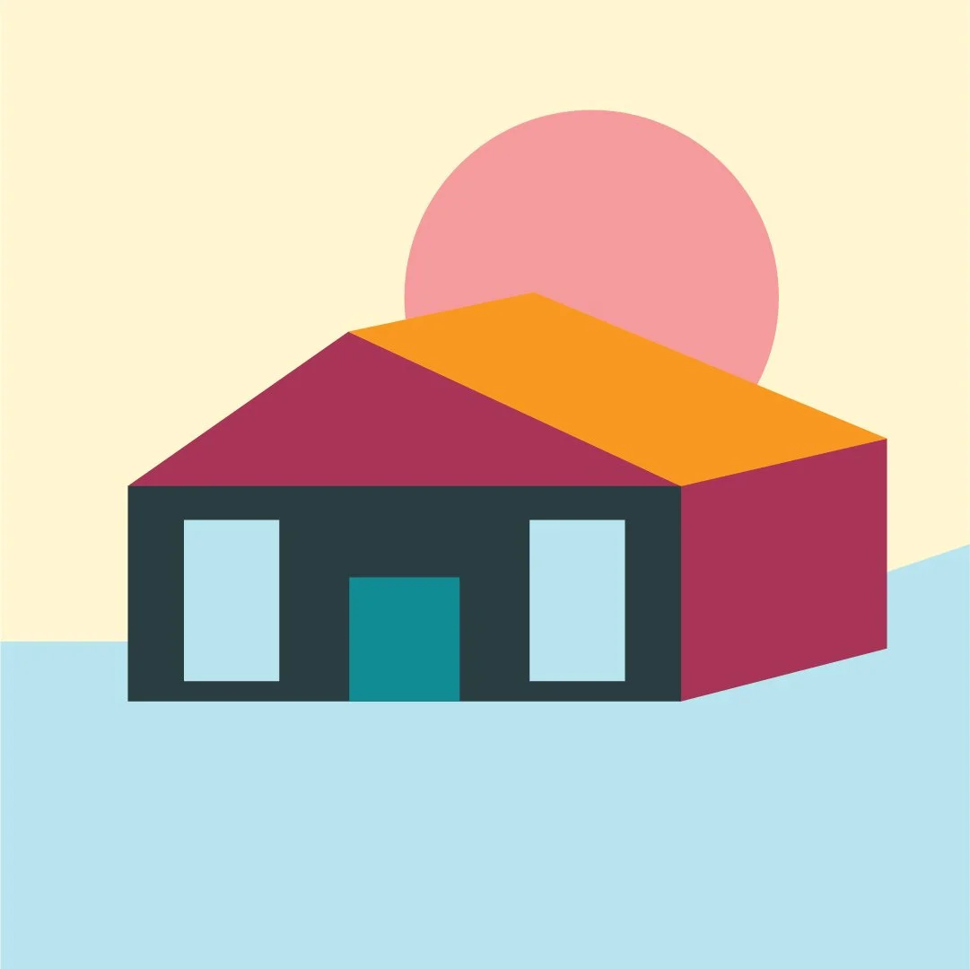 Digital illustration of a house with a dark gray base, pink windows, a maroon roof, and an orange extension, with a blue sun behind and a light blue foreground representing water.
