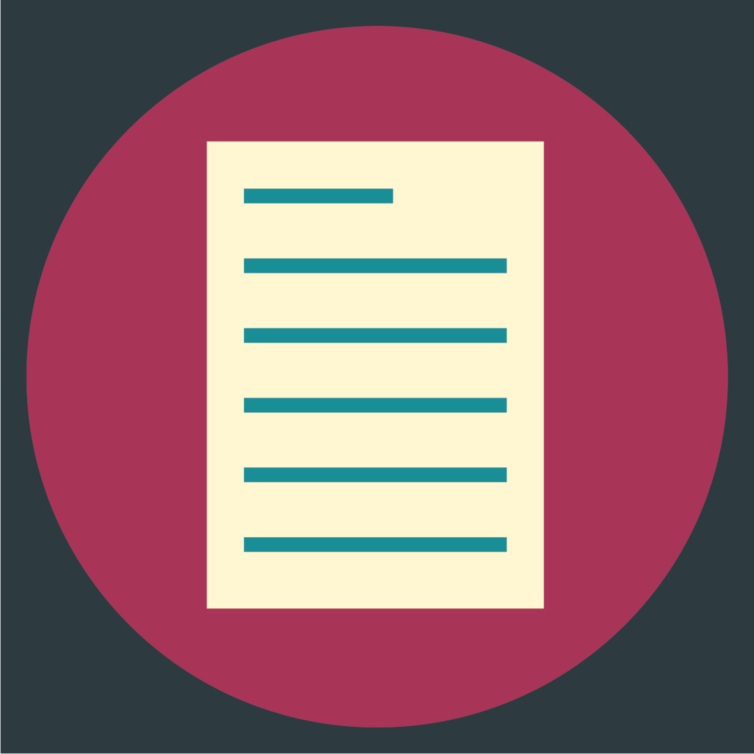 Simplified illustration of a document or list with lines, set against a circular background.