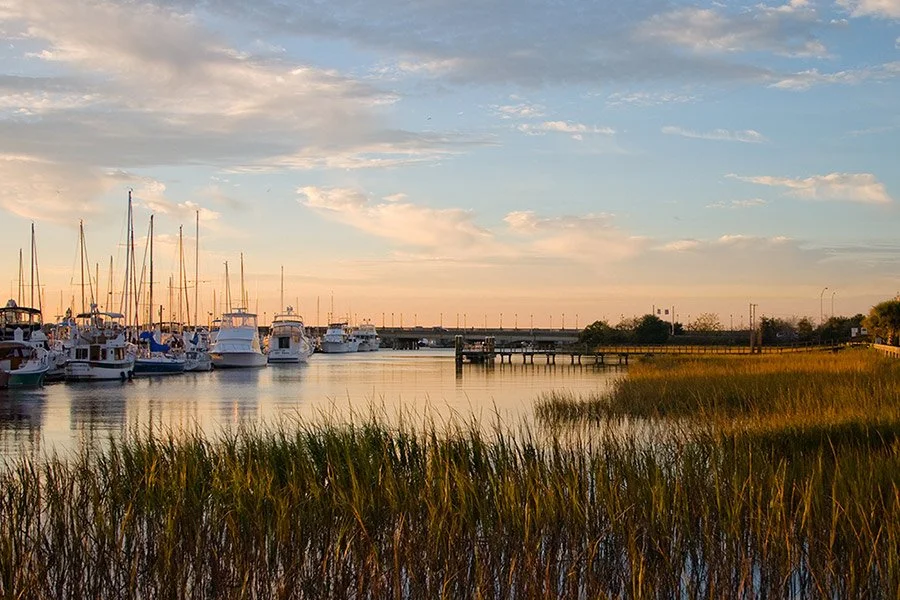 Intercostal waterway sunset with boats docked