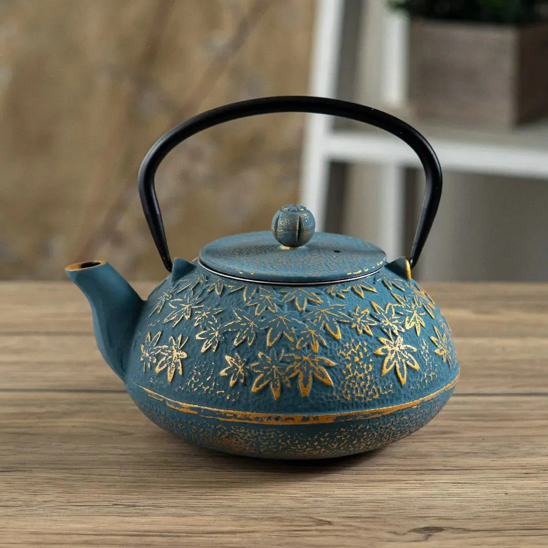 Small Batch Curation -  Turquoise Maple Leaves Momiji 40 oz Cast Iron Tea Pot