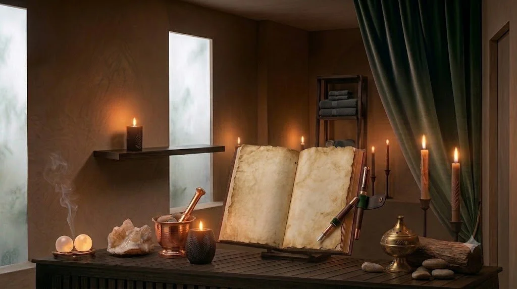 A cozy room with candles, an open ancient manuscript, a mortar and pestle, and rocks on a wooden table, illuminated by candlelight and natural light through a window.