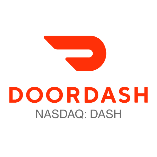 DoorDash logo with red symbol, red text, and gray text on a white background.