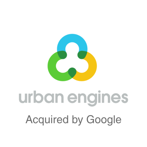 Urban Engines logo with blue, green, and yellow interconnected circles, and the text 'urban engines' with 'Acquired by Google' beneath it.