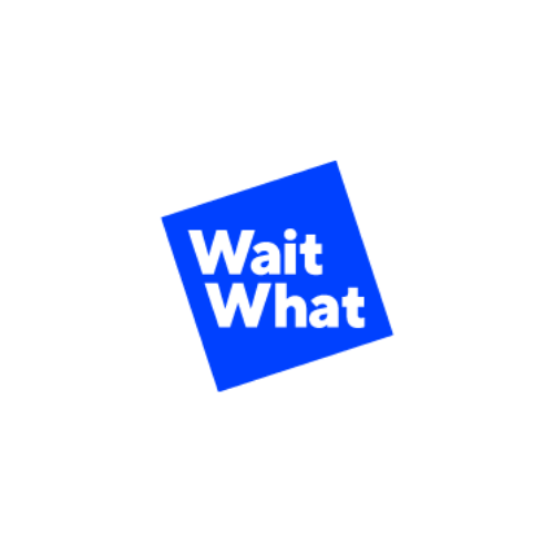 Wait What logo. Blue square tilted with white text 'Wait What' inside.