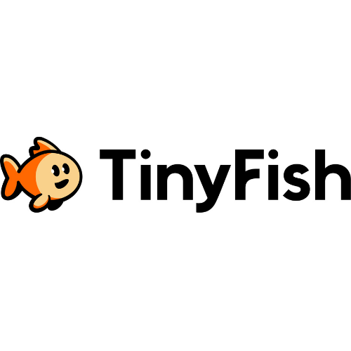 Logo for TinyFish featuring a cartoon orange fish with a smiling face and the words 'TinyFish' in black text.