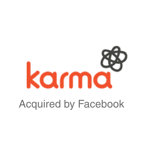 Karma logo with black atom symbol above the letter 'a' and the text 'Acquired by Facebook' below.