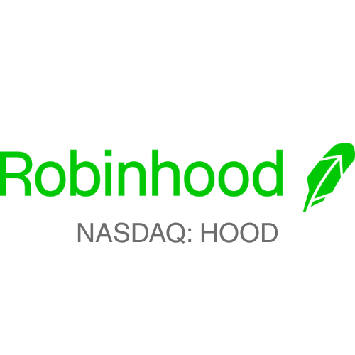 Robinhood logo with green text, a green feather icon, and NASDAQ: HOOD written below in gray
