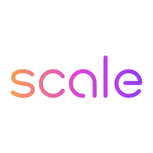 Scale AI logo. Colorful word 'scale' written in a gradient from orange to purple on a white background.