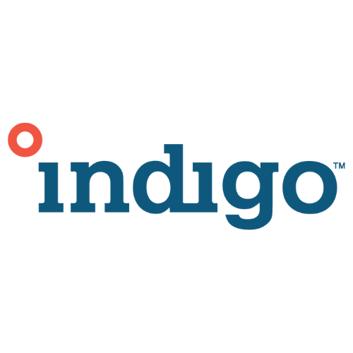 Indigo logo with a red circle above the letter 'i' and the word 'indigo' in blue lowercase letters.