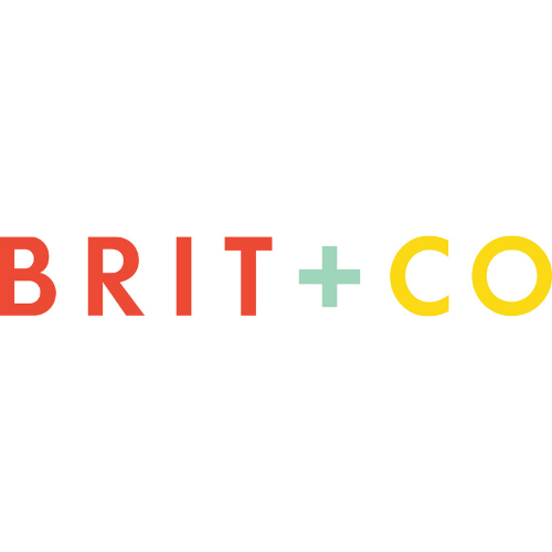 Logo with the text 'BRIT + CO' in red, green, and yellow letters on a white background.