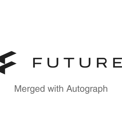A logo with a stylized 'F' on the left and the word 'FUTURE' to the right, along with the text 'Merged with Autograph' beneath.