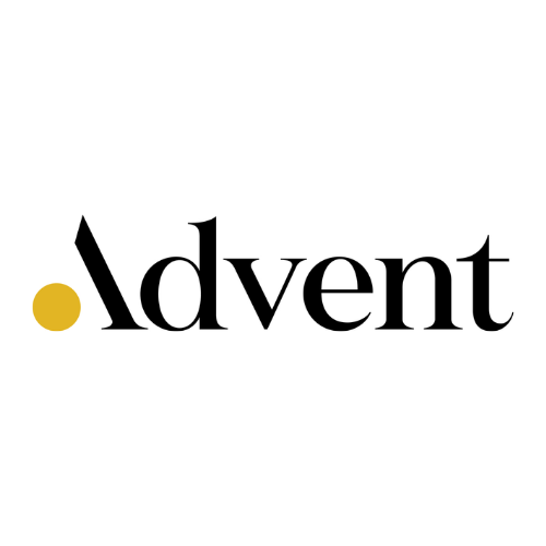 The word 'Advent' in black text with a gold dot to the left on a white background.