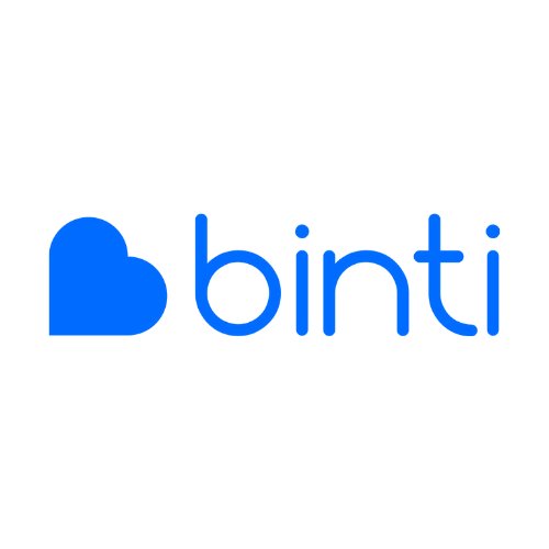 Blue heart icon next to the word 'binti' written in blue lowercase letters