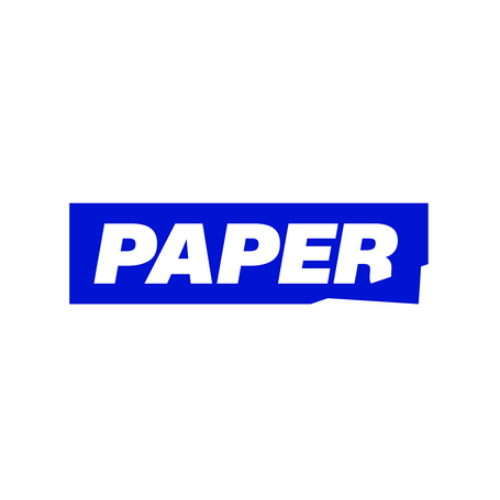 A logo with the word 'PAPER' in bold white letters on a blue rectangular background.