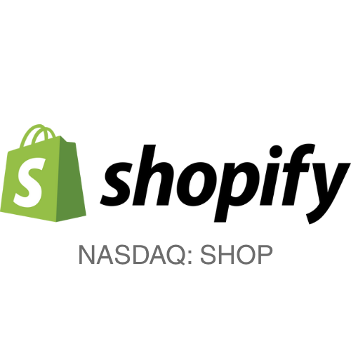 Shopify logo with a green shopping bag and a white 'S' on it, and text that reads 'shopify' and 'NASDAQ: SHOP'