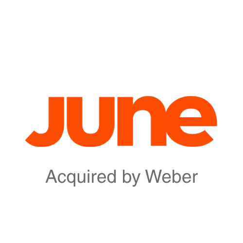 The image features the June logo in bold orange letters with the tagline 'Acquired by Weber' below in gray text.