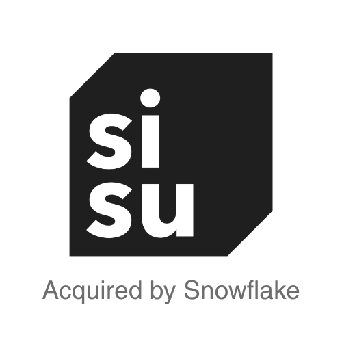 Sisu logo - Black and white logo with the text 'si su' inside a shape resembling a tilted square or rectangle, with phrases 'Acquired by Snowflake' below.