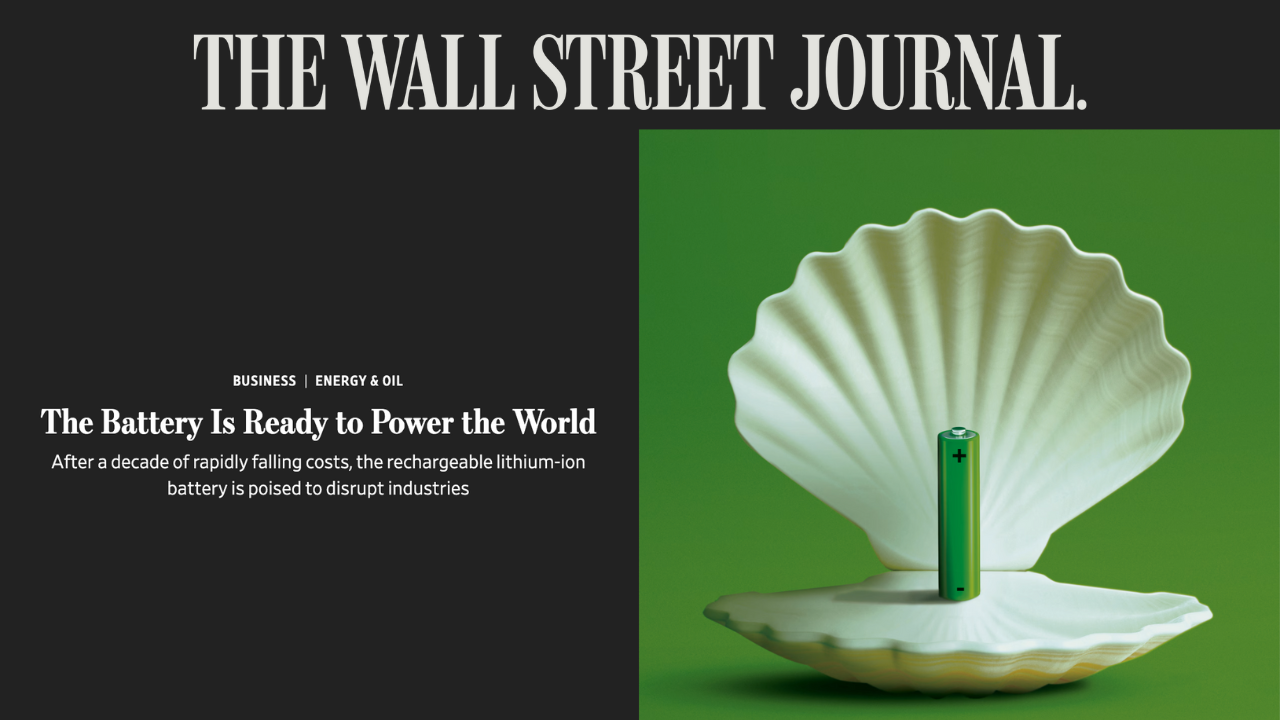 A feature story in The Wall Street Journal featuring battery technology company Sila Nanotechnologies. A green lithium-ion battery placed inside an open seashell against a green background.