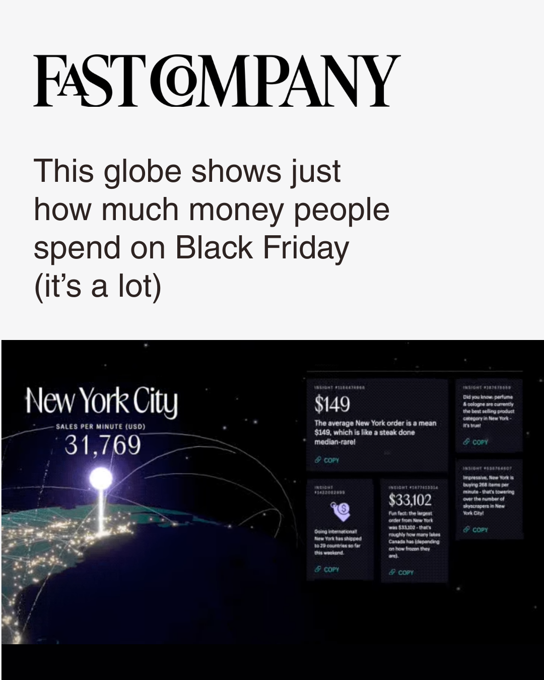Fast Company article article about Shopify, with a map of the world showing New York City with statistics on Black Friday spending.