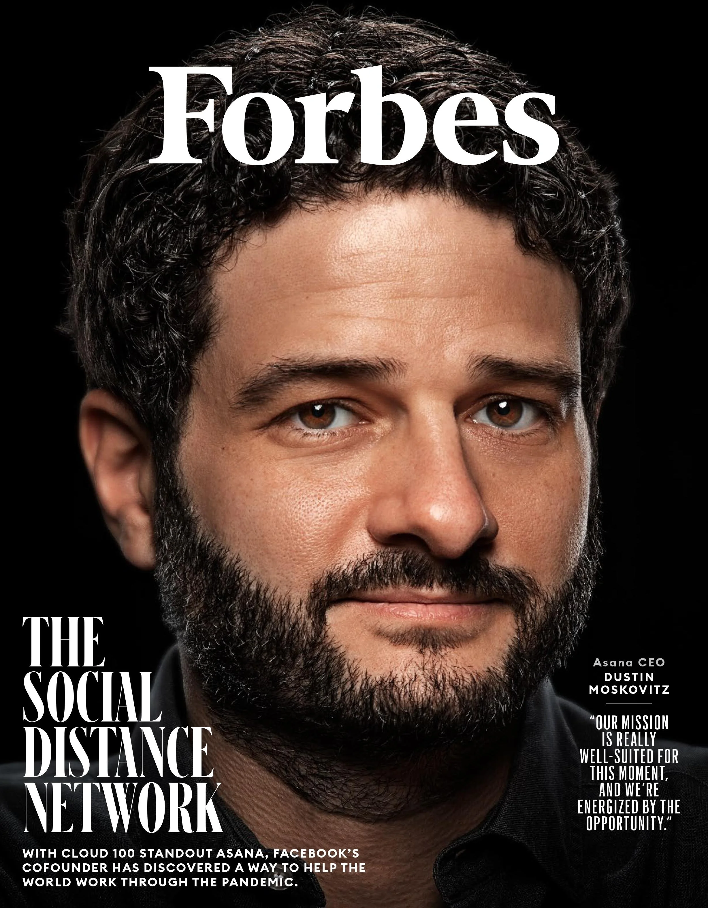 Cover of Forbes magazine featuring Asana CEO Dustin Moskovitz. The title reads 'The Social Distance Network' with a subtitle about cloud 100 standout Asana and helping the world work through the pandemic. Quote from Dustin Moskovitz included.