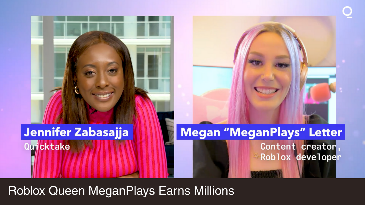 A Bloomberg video featuring Jennifer Zabasaja on the left, wearing a pink top, and Megan 'MeganPlays' Letter on the right, with pink hair and headphones, with text overlays identifying them and conveying the news about MeganPlays earning millions 