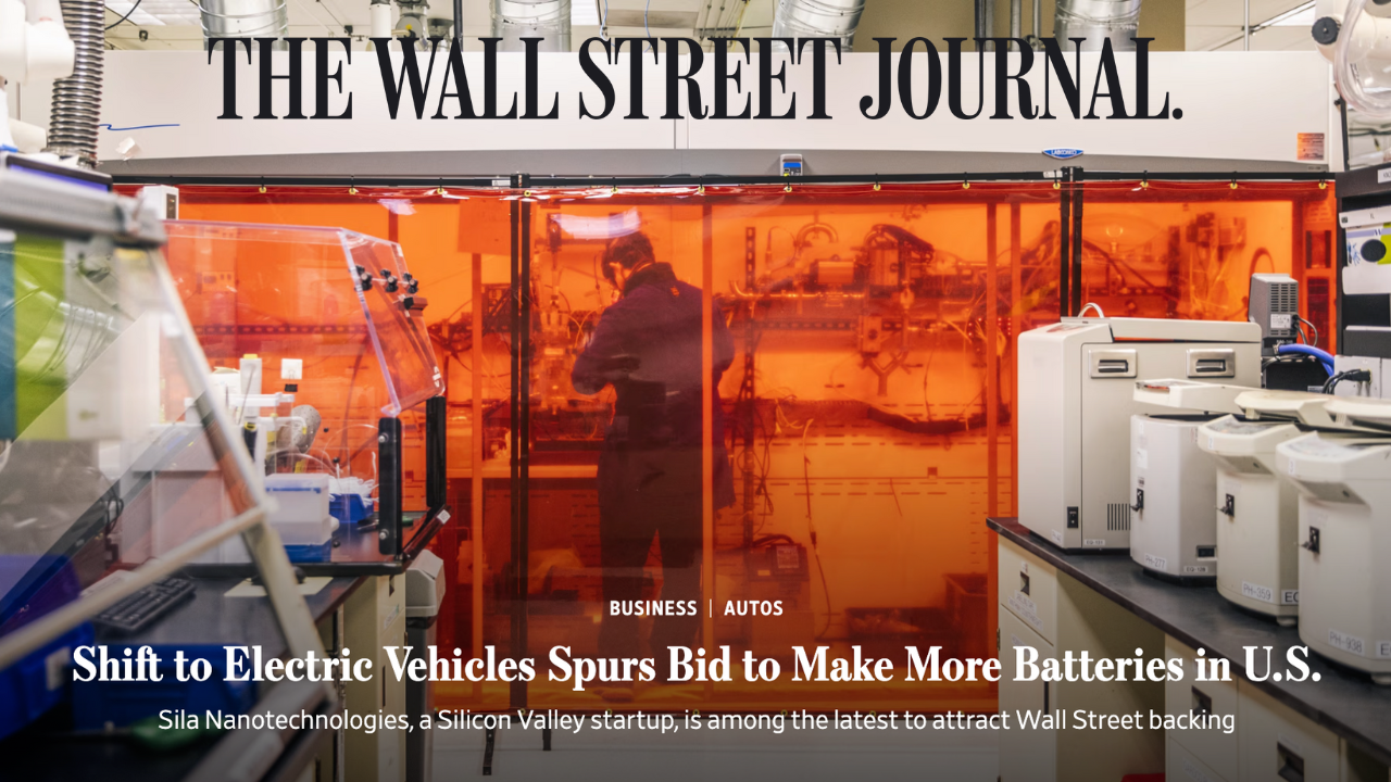 Wall Street Journal feature article about  Sila Nanotechnologies. Shows a laboratory with equipment and a person working behind an orange safety curtain.