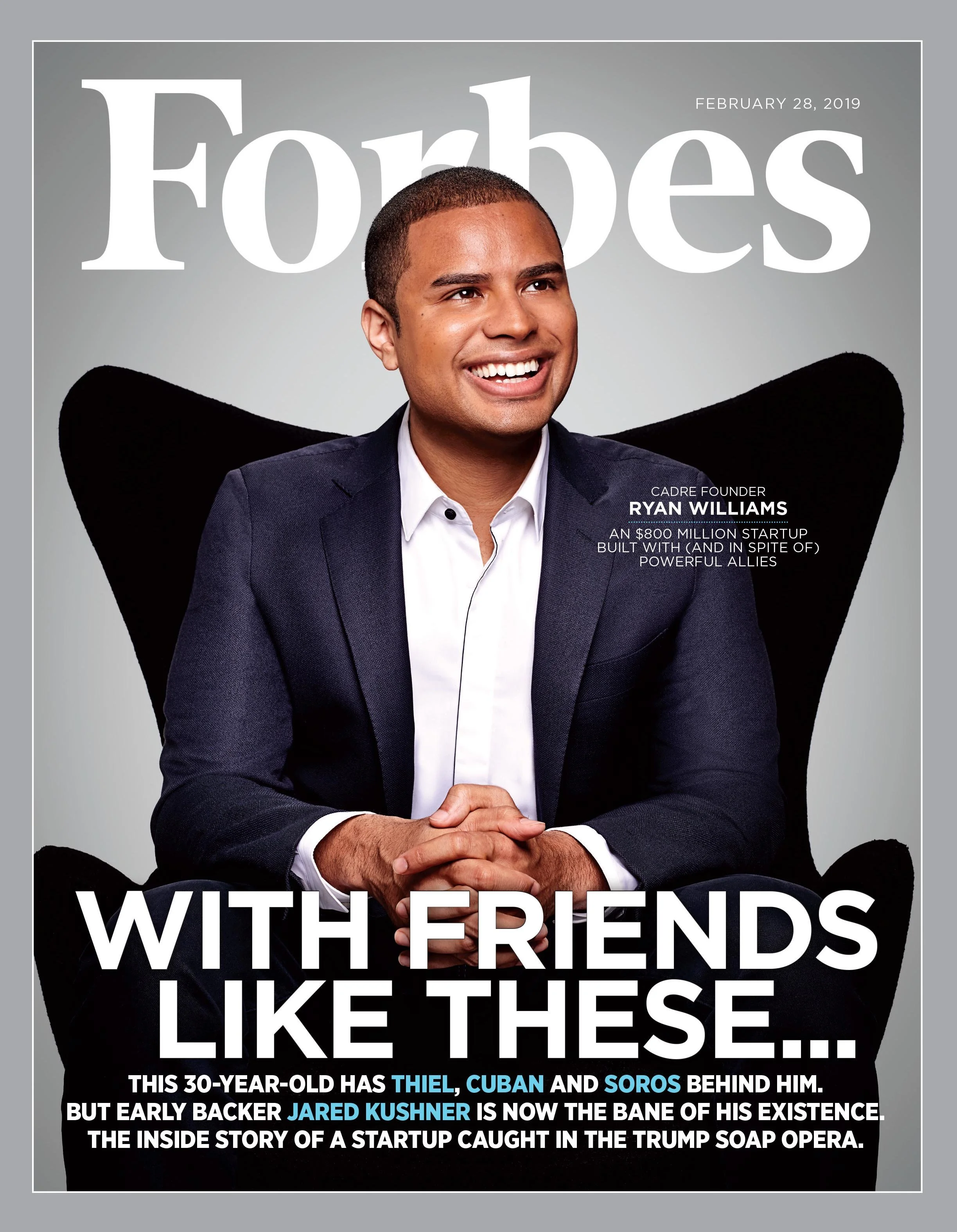 Forbes magazine cover featuring Cadre founder and CEO Ryan Williams smiling in a navy blazer and white shirt against a gray background with black chair in the background. 