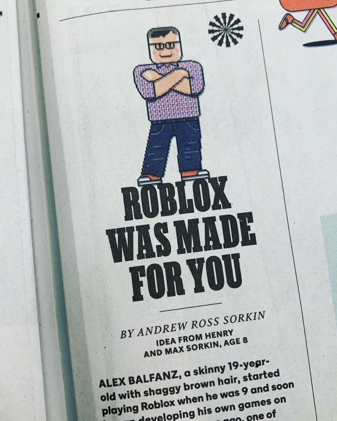 New York Times newspaper clipping titled 'Roblox Was Made For You' with an illustrated character of a young man with glasses, crossed arms, wearing a checkered shirt and jeans.