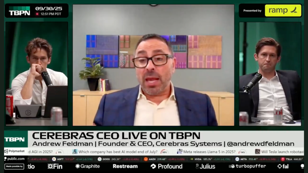 A screenshot of a live video interview on TBPN featuring Cerebras CEO Andrew Feldman. The screen is divided into three sections with two men on either side and Andrew Feldman in the center. The left man has brown hair, is wearing a white shirt, sitti