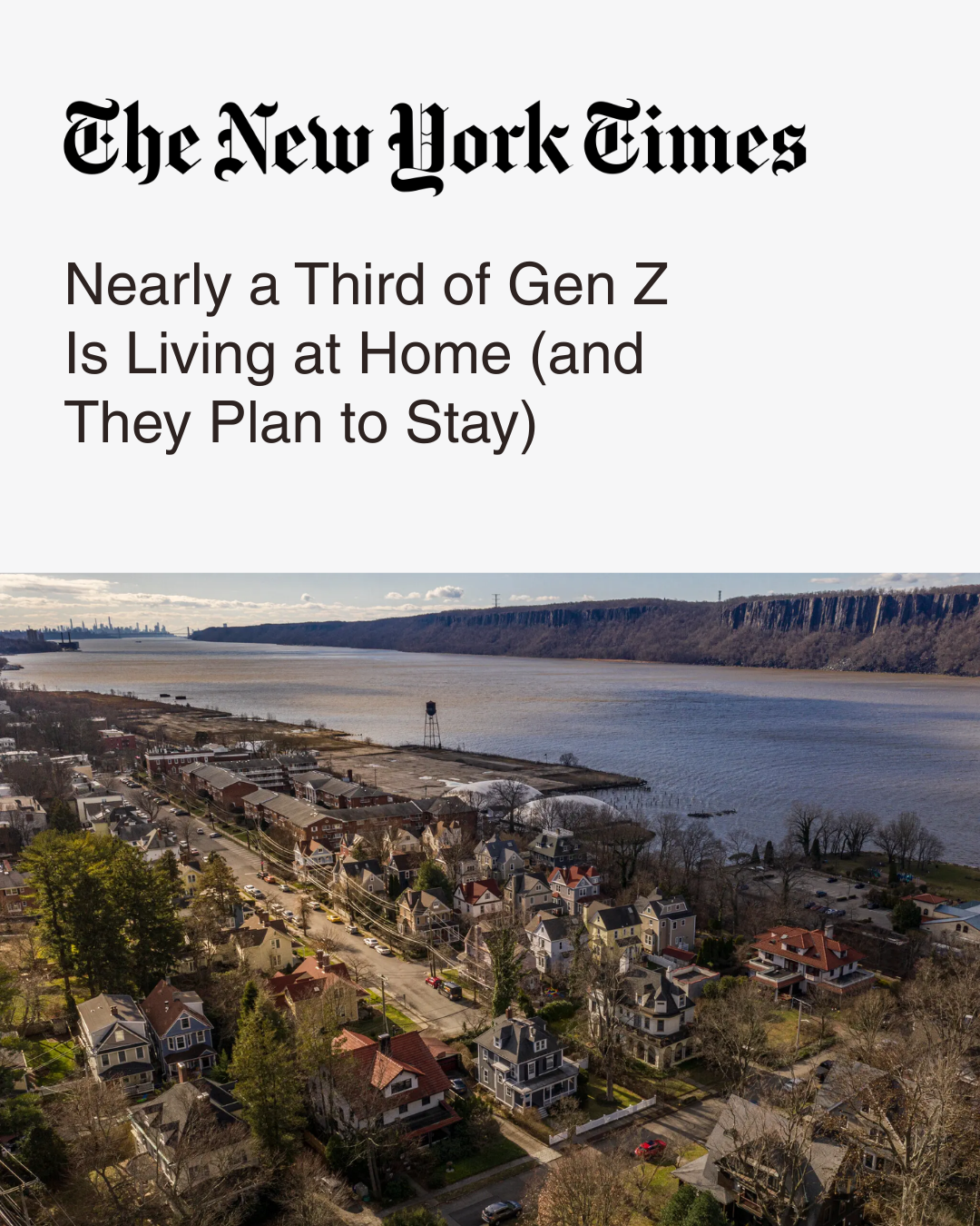 New York Times article about Gen Z finances, featuring data from Credit Karma. Aerial view of a residential neighborhood along water with trees and houses, under a partly cloudy sky.