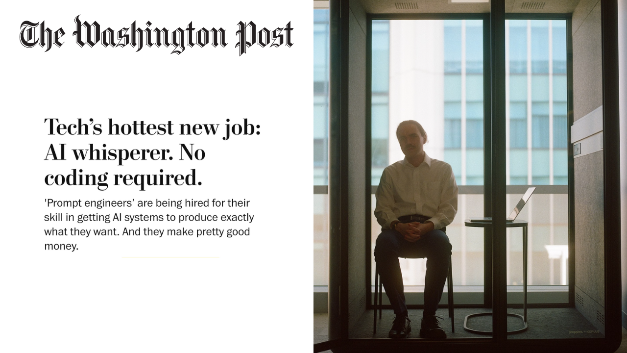 Washington Post article about prompt engineers. A man sitting in a small enclosed office with a large window behind him, next to a laptop on a table.