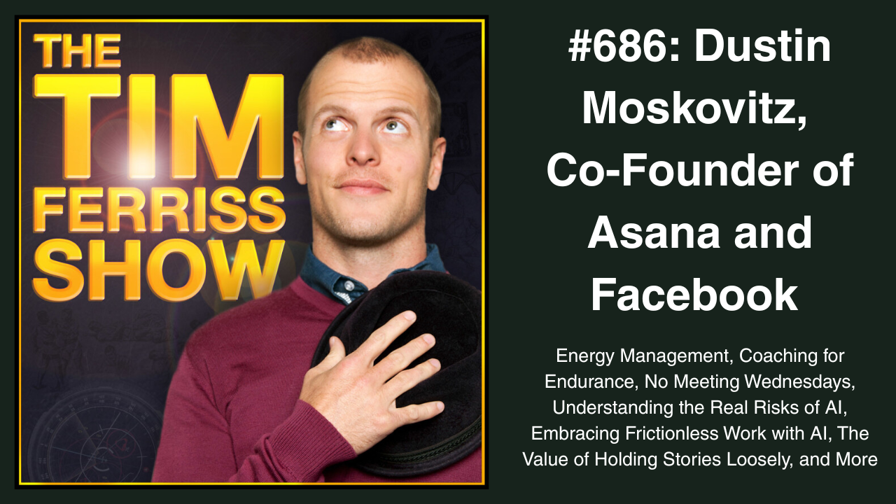 Promo graphic for the Tim Ferriss Show featuring Dustin Moskovitz, co-founder of Asana and Facebook. Invludes the podcast logo which is a photo of Tim holding a hat and looking upward.