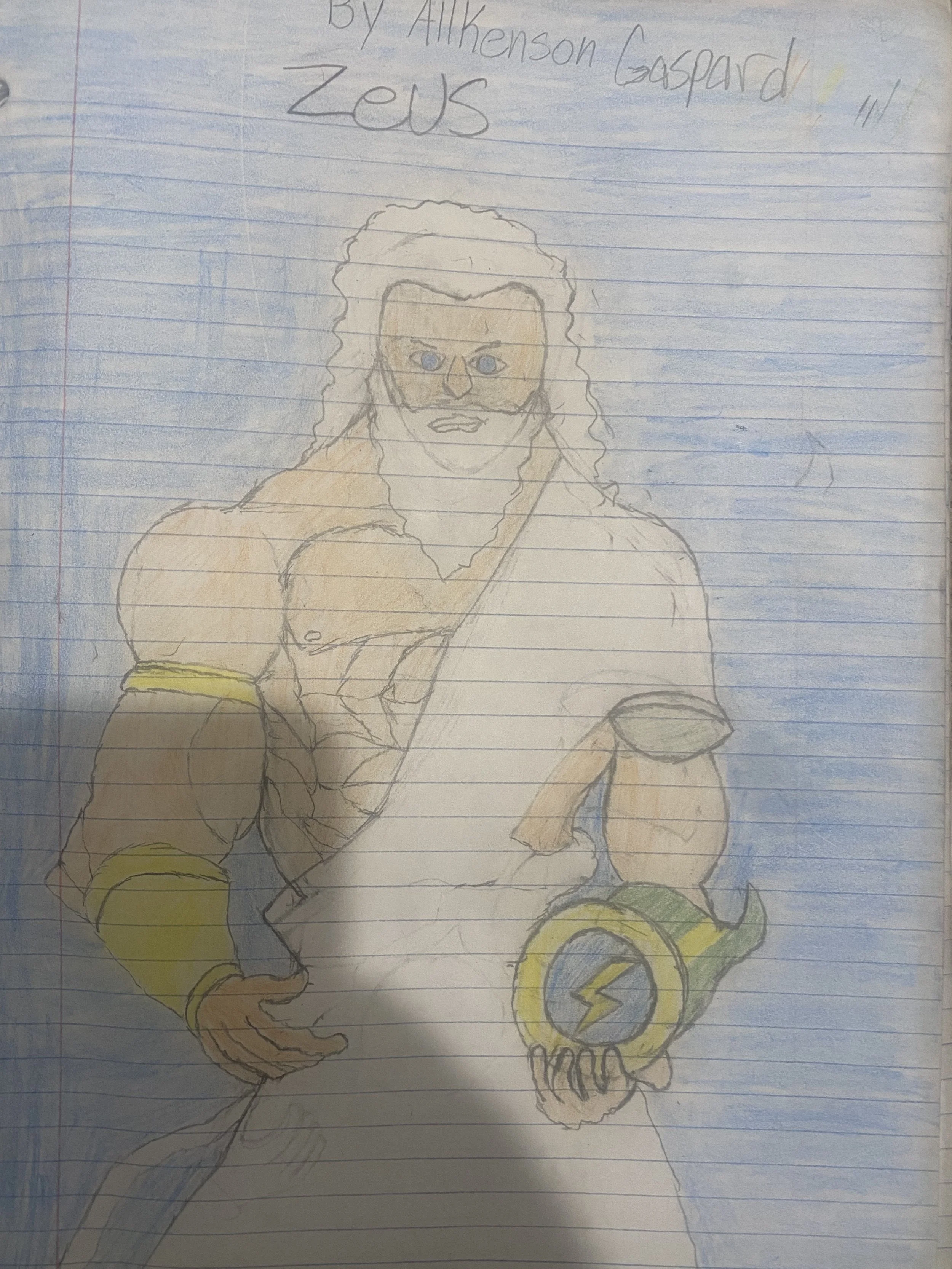 A hand-drawn colored illustration of Zeus, with long hair and a beard, holding a lightning bolt in a cup. The drawing is made with colored pencils on lined paper. Handwritten text above says "By Alhenson Gaspard" and "Zeus".
