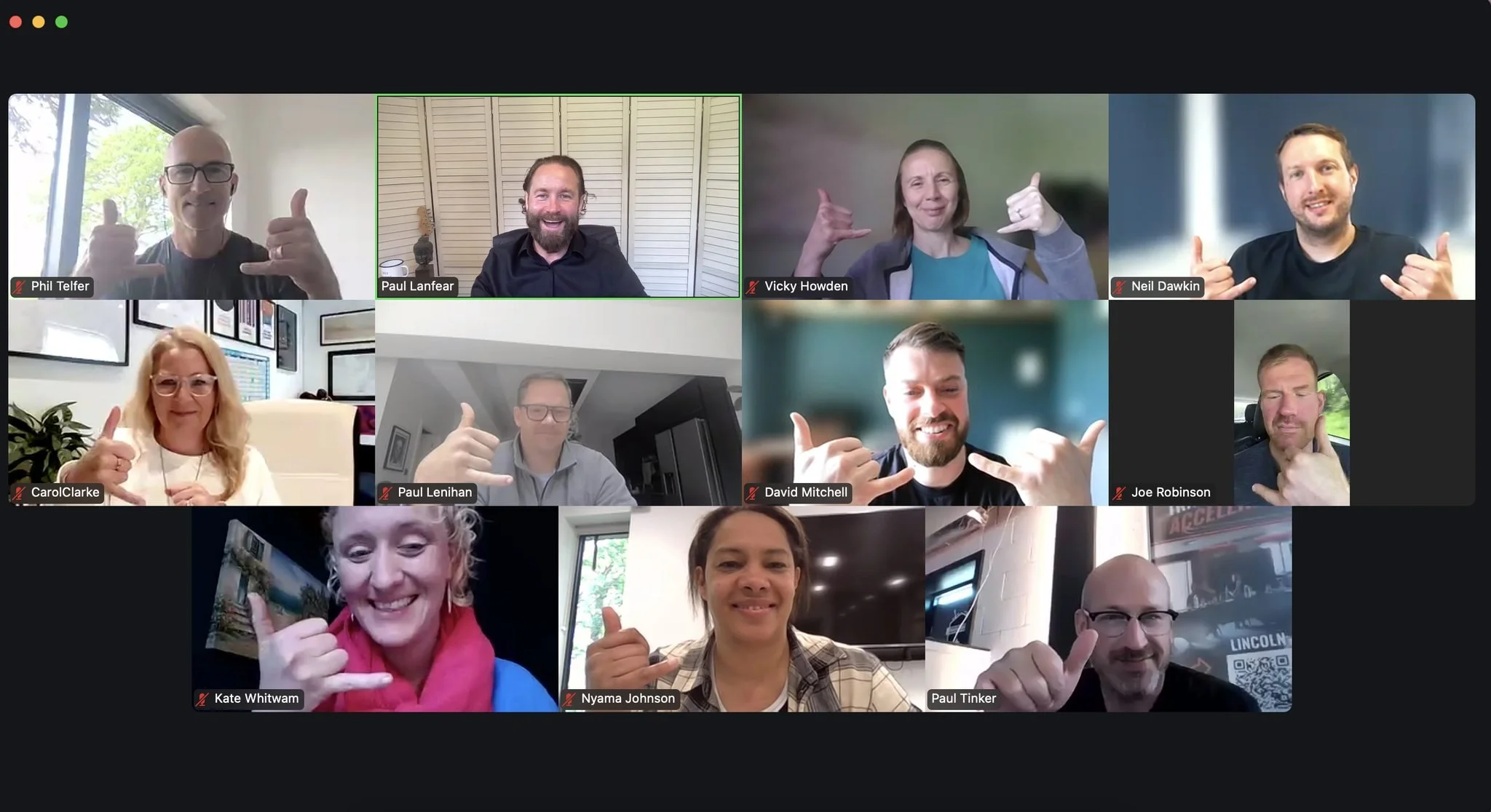 Group of people in a virtual meeting, all making a thumbs-up gesture or hand signals, smiling at the camera.