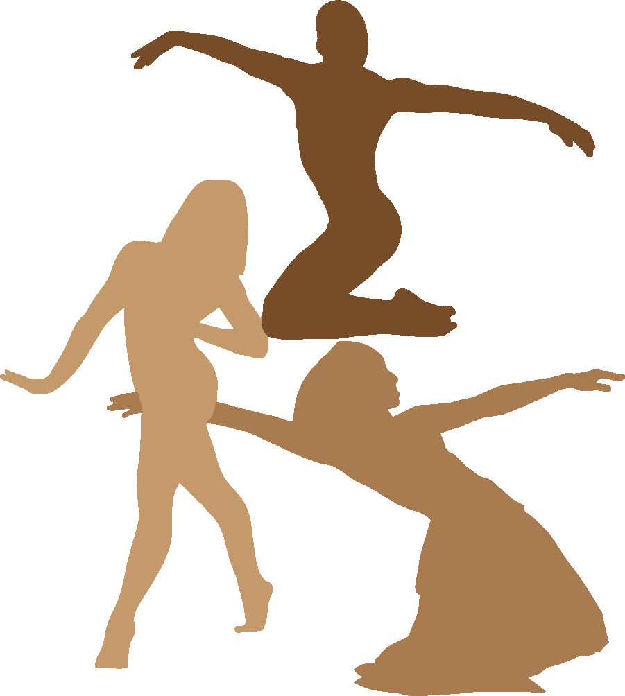 Silhouettes of four Shades Dance Theater dancers in different poses against, with varying skin tones.