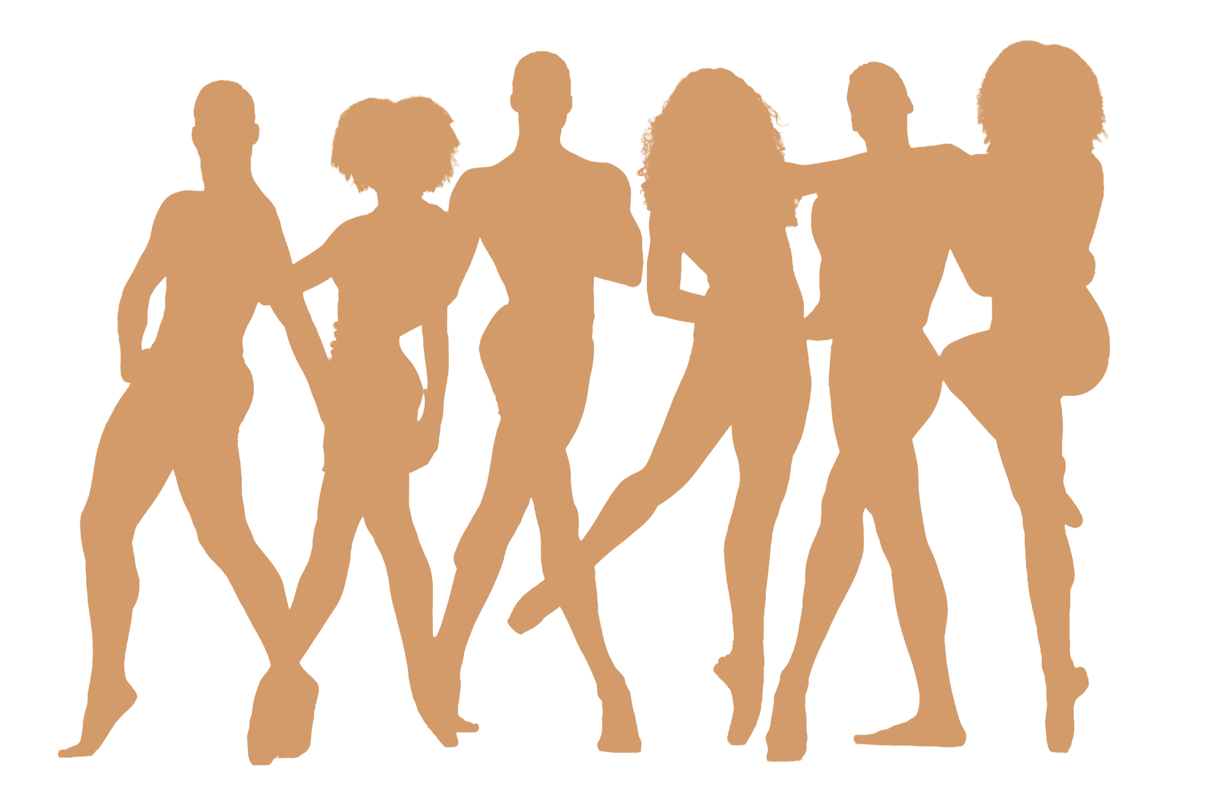 Silhouettes of six Shades Dance Theater dancers, standing in a row, some with hands on hips and some with arms crossed, in a single brown tone