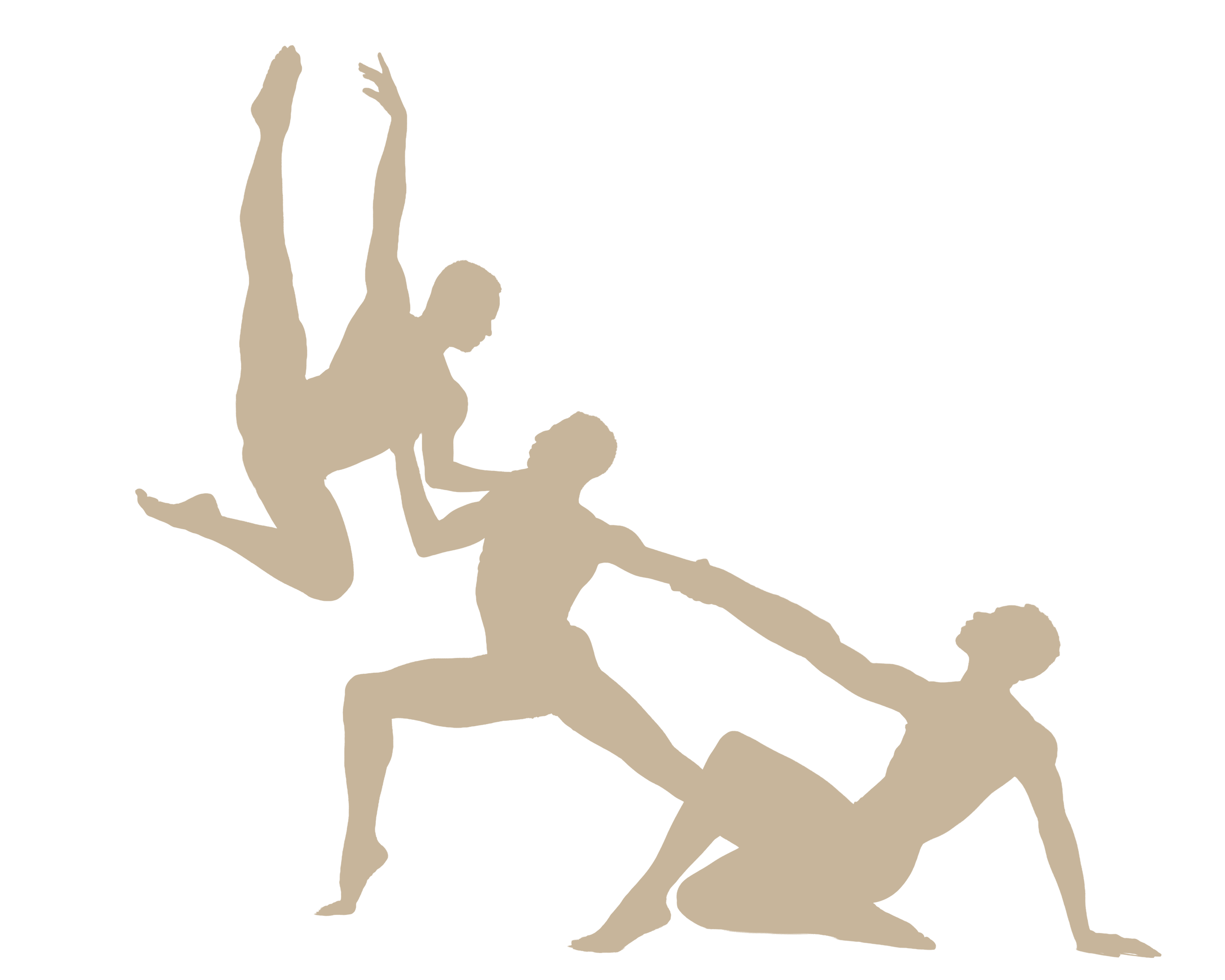 Silhouettes of three Shades Dance Theater dancers holding each other up, one in mid-air, another supporting, and the third on the ground, in a pale tan color