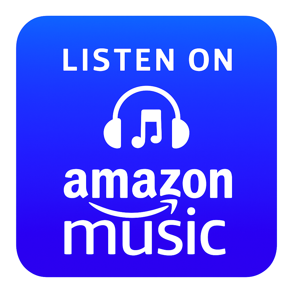 Blue square sign with the words "Listen on Amazon Music" and an icon of headphones with a musical note in the center.